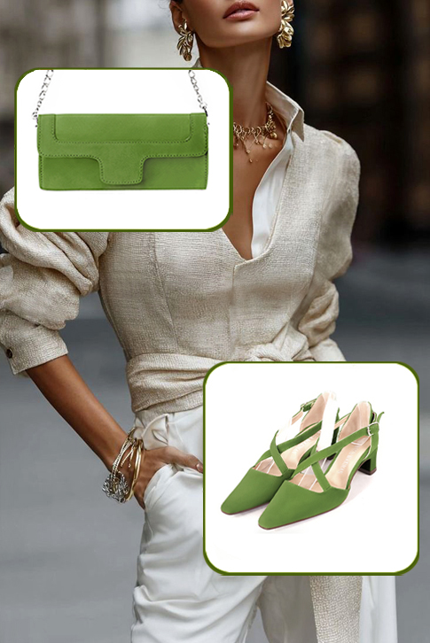 Dress heels closed-back crossed straps in grass green leather with kitten heels and tapered toe - Worn view